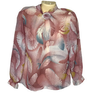 Vintage Top Womens 10 Pink 70s Feather Print Embellished Ruffle Cuff Lightweight